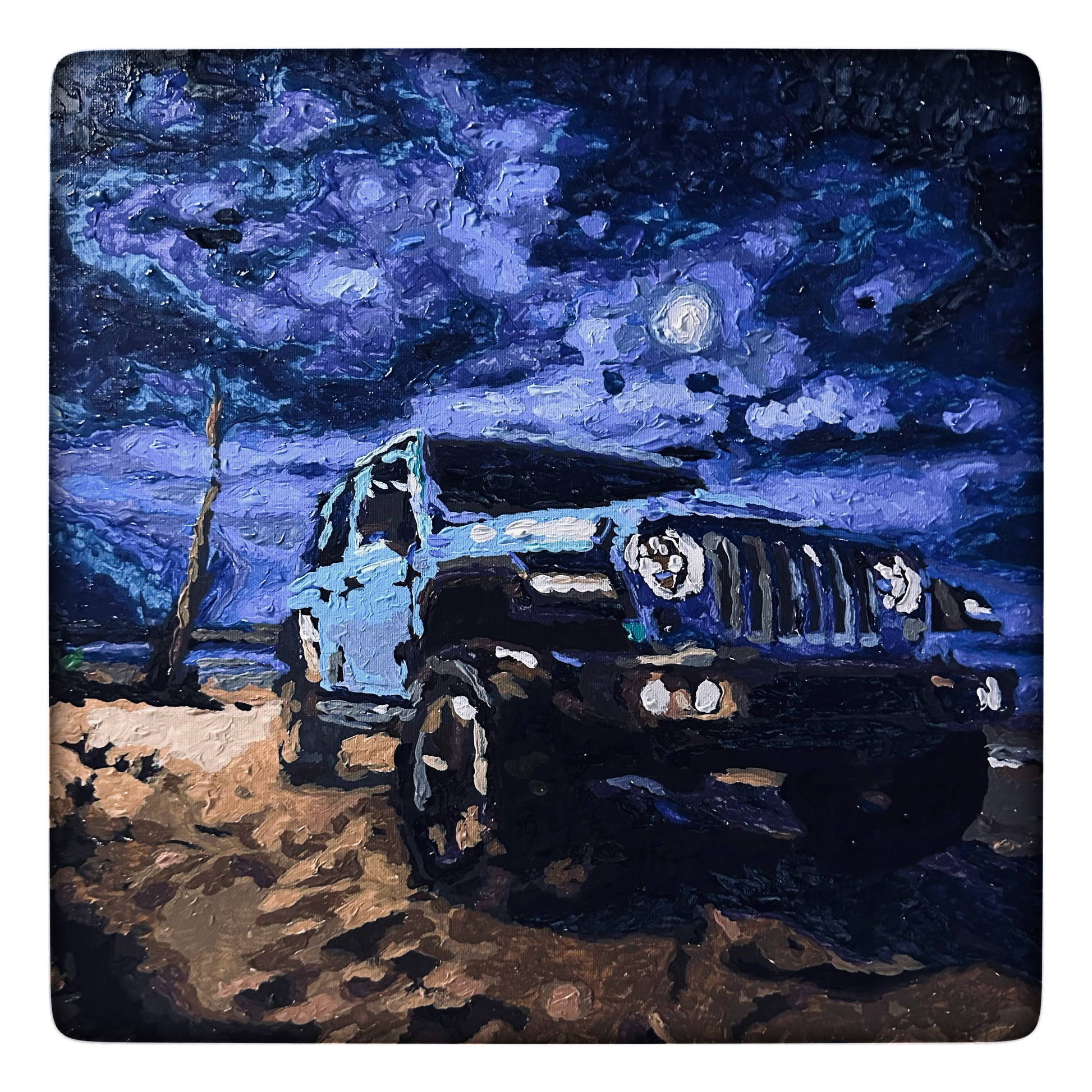 Painting of off-road vehicle in a desert landscape under a starry night sky
