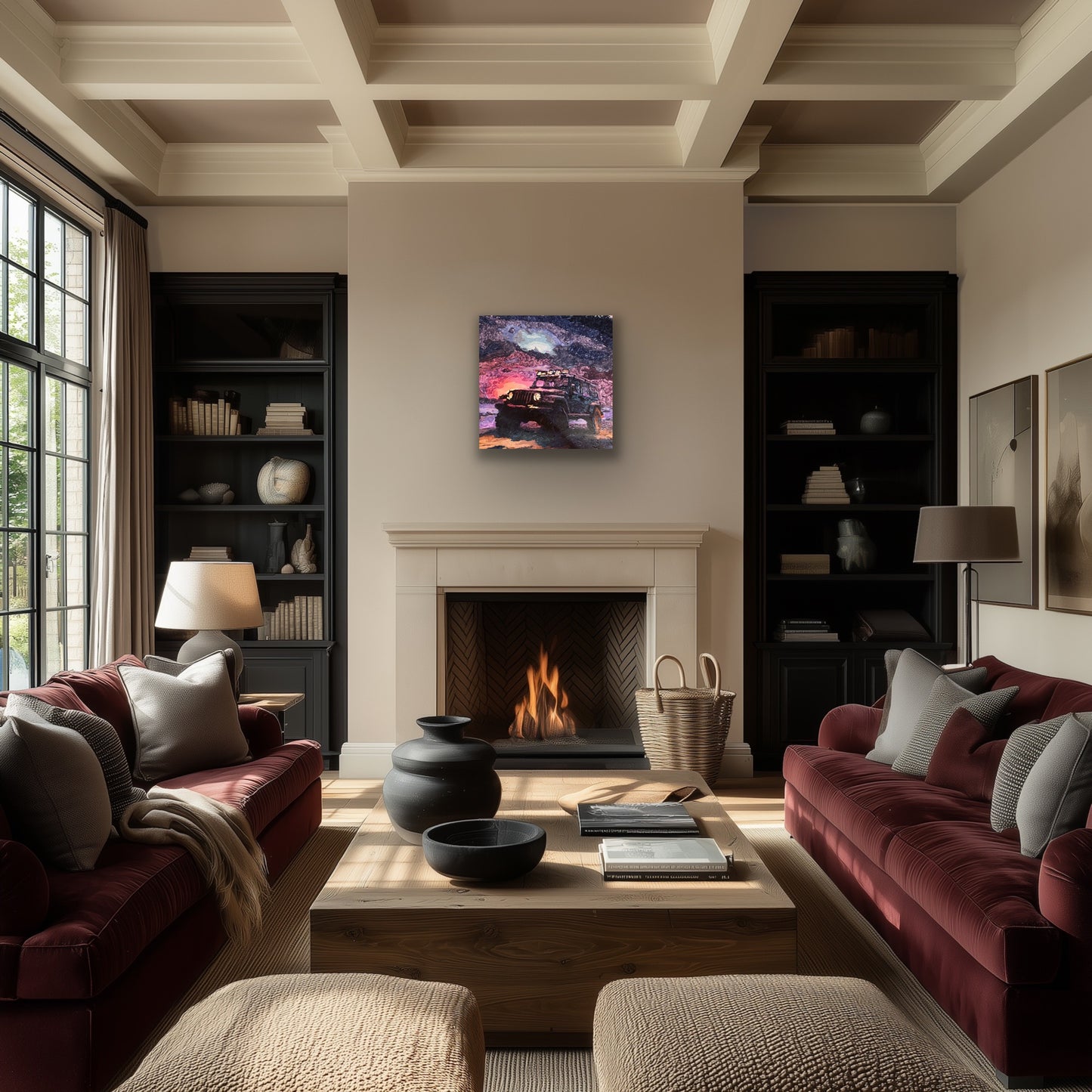 Modern living room with red sofas, a fireplace, and decorative elements.