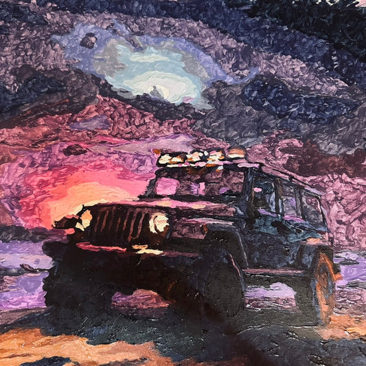 Painting of a Jeep in a desert landscape with a colorful sky.